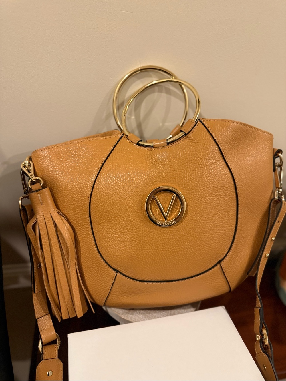 Valentino by Mario Valentino Camel/Tan Leather Shoulder Bag with Gold
